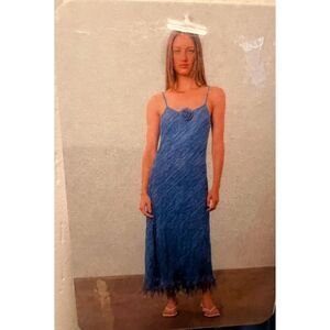 Moon River Blue Crinkled Sleeveless Slip Dress Feather Trim Detail Sz S summer